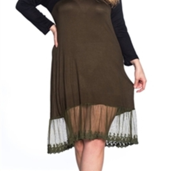 Celeste NEW 3X Olive Green Fit-n-Flare A-Line Midi Lace Hem Long Sleeve Dress - Picture 2 of 6